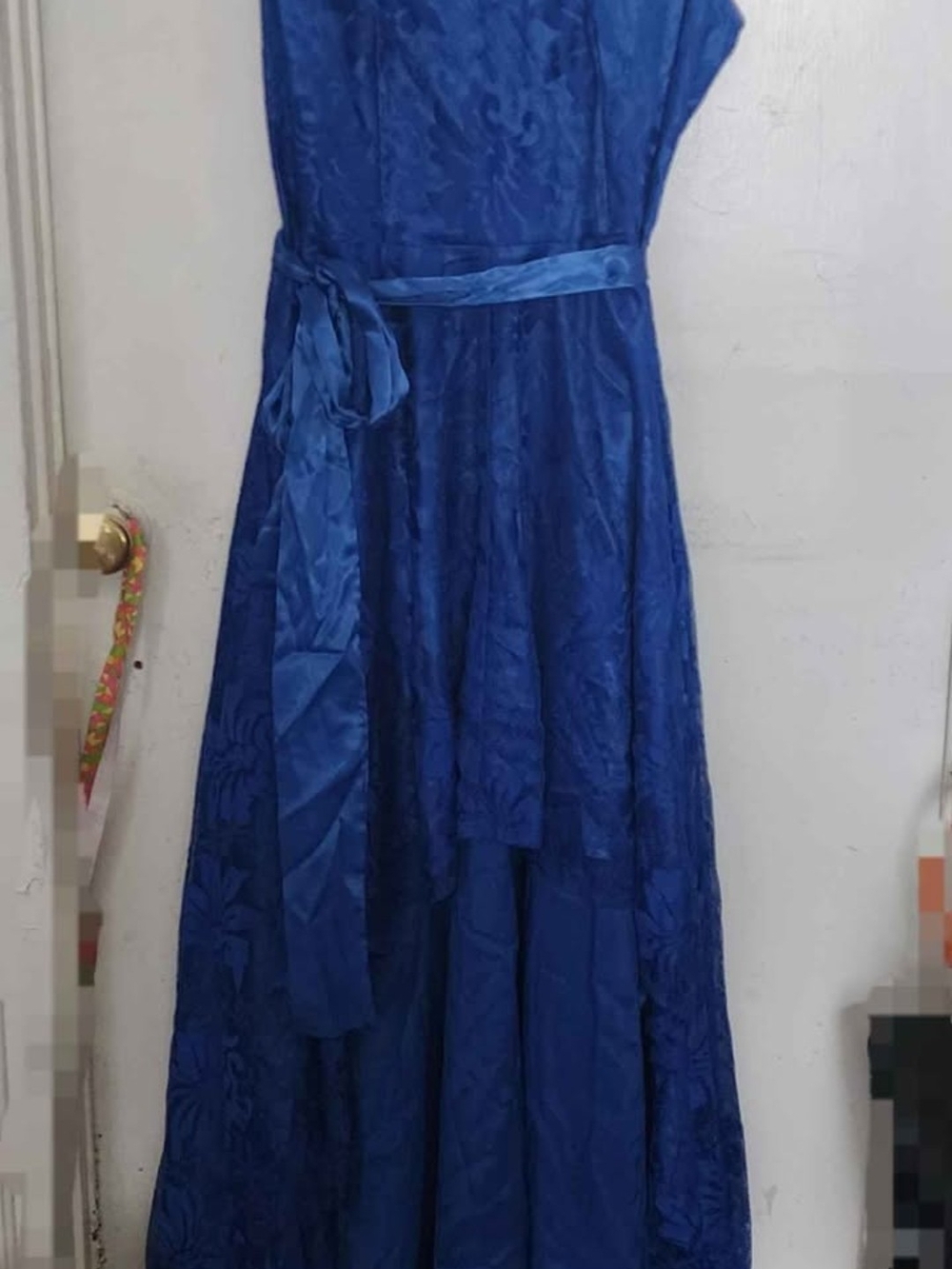 JJs House Royal Blue Asymmetrical Satin-Belt Gown